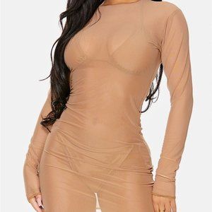 Mocha Cover Me Long Sleeve Mesh Sheer Pool Swimwear Coverup Mini Dress